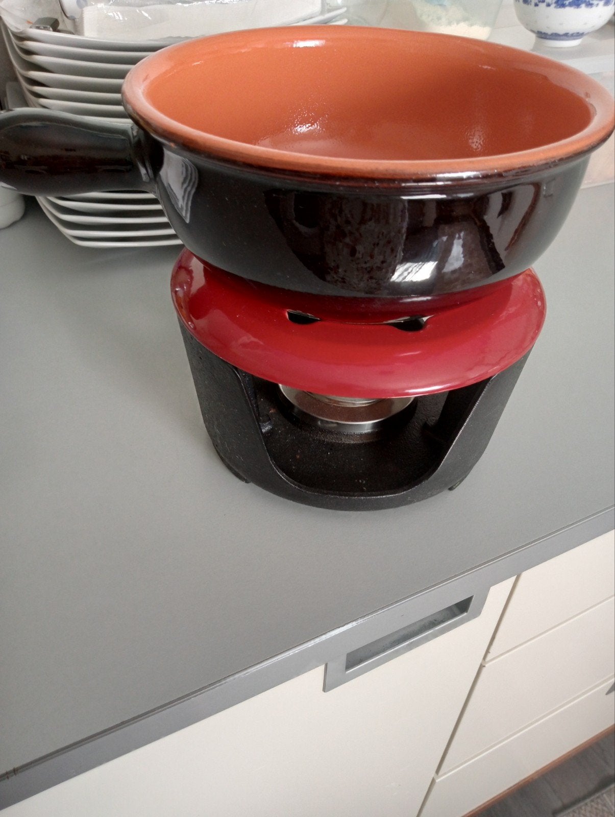 Fonduepan rood emaille – gietijzer, Ophalen, Nieuw, Rood, Overige typen