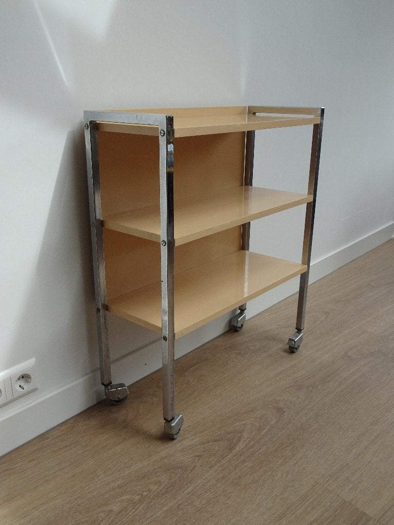 Vintage boekentrolley, trolley chroom met hout, Ophalen, Met plank(en), Gebruikt, 50 tot 100 cm