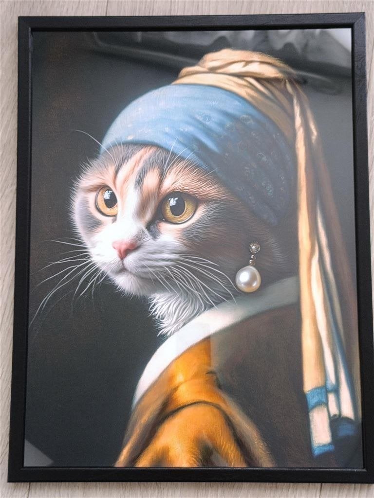 Cute ! Kat als Meisje met de Parel vermeer poster in lijst, Verzenden, Nieuw, A1 t/m A3, Film en Tv