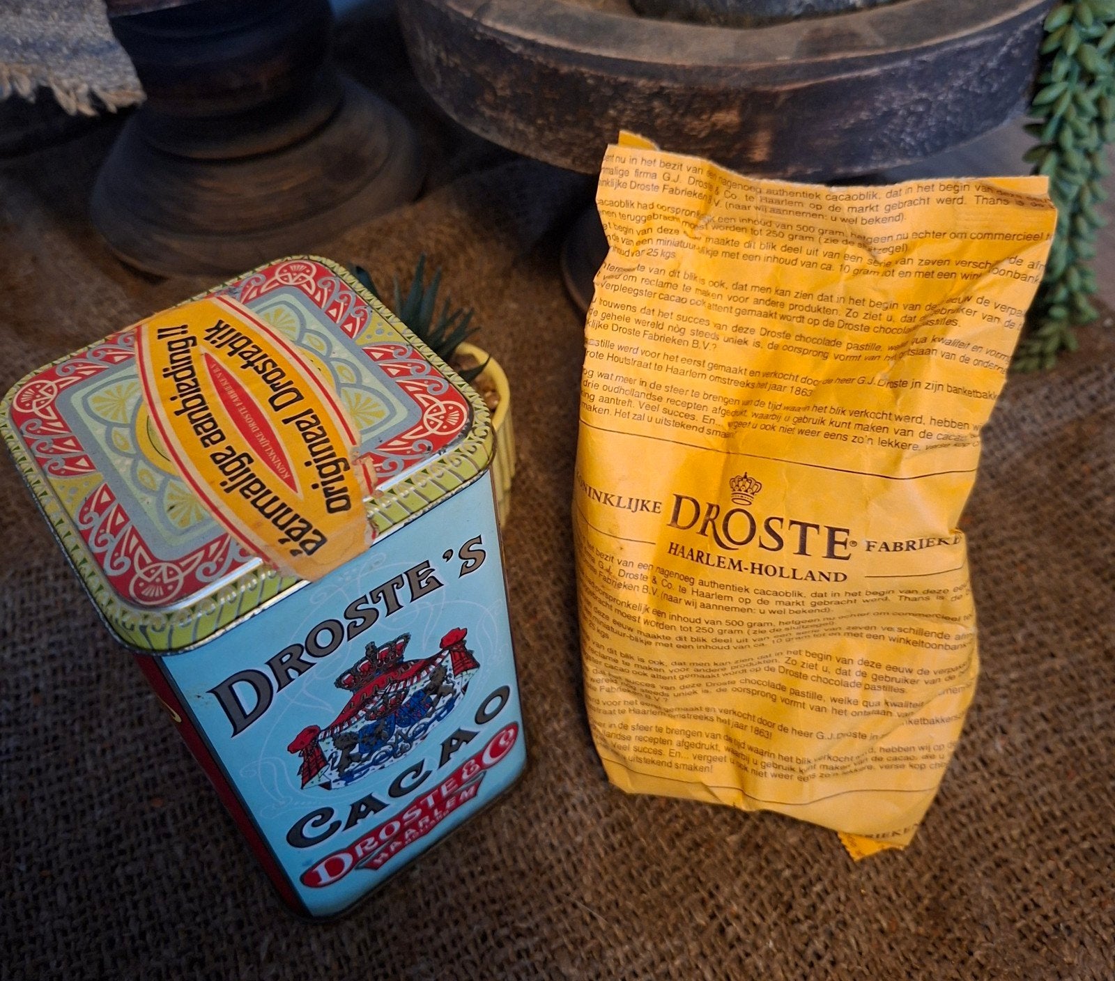 Vintage Droste Cacao Blik en Zak - Origineel, Antiek en Kunst, Curiosa en Brocante, Ophalen of Verzenden