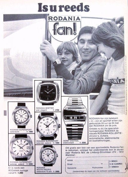 2 vintage advertenties Rodania horloges 1975 met Eddy Merckx, Verzamelen, Ophalen of Verzenden, Gebruikt, Gebruiksvoorwerp