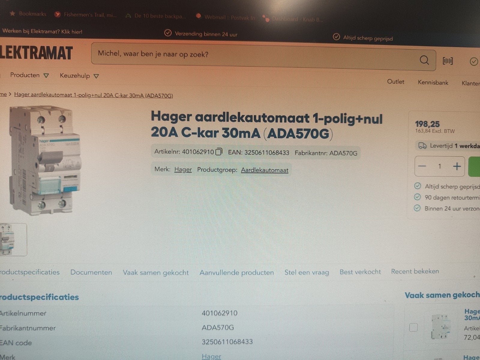 Hager aardlekautomaat 1-polig+nul 20A C-kar 30mA ADA570G, Ophalen of Verzenden