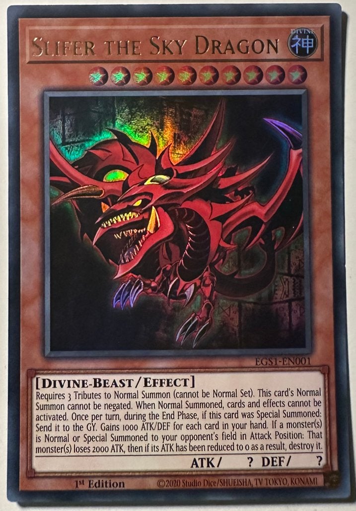 Yu-Gi-Oh! Slifer the Sky Dragon EGS1 1st Edition !, Ophalen of Verzenden, Zo goed als nieuw, Losse kaart, Foil
