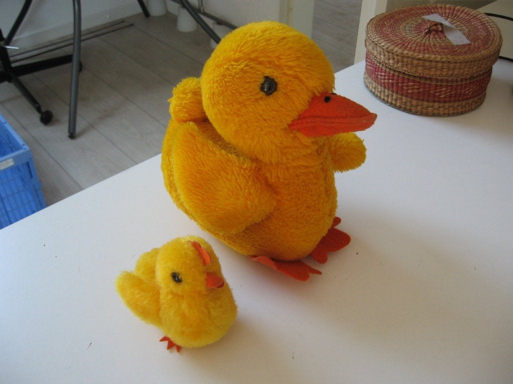 2 Gele vintage knuffels 2 eendjes €20.-1960 pure wol, Antiek en Kunst, Ophalen of Verzenden