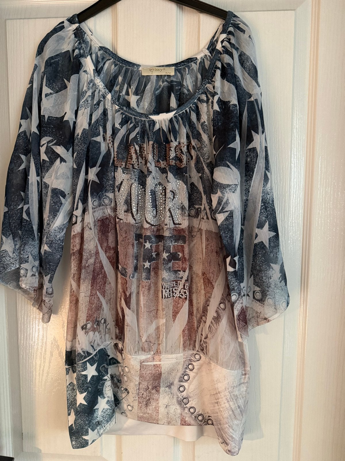 Issy tuniek met Amerikaanse vlag print en strass s/m, Meerkleurig, Ophalen of Verzenden, Zo goed als nieuw, Korte mouw
