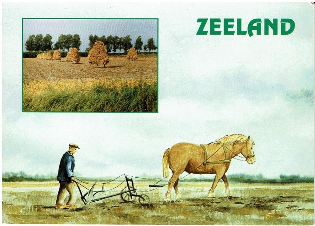 Ansichtkaart Zeeland, 2-luik, paard met ploeg, hooihoppers, Ophalen of Verzenden, 1980 tot heden, Gelopen, Zeeland