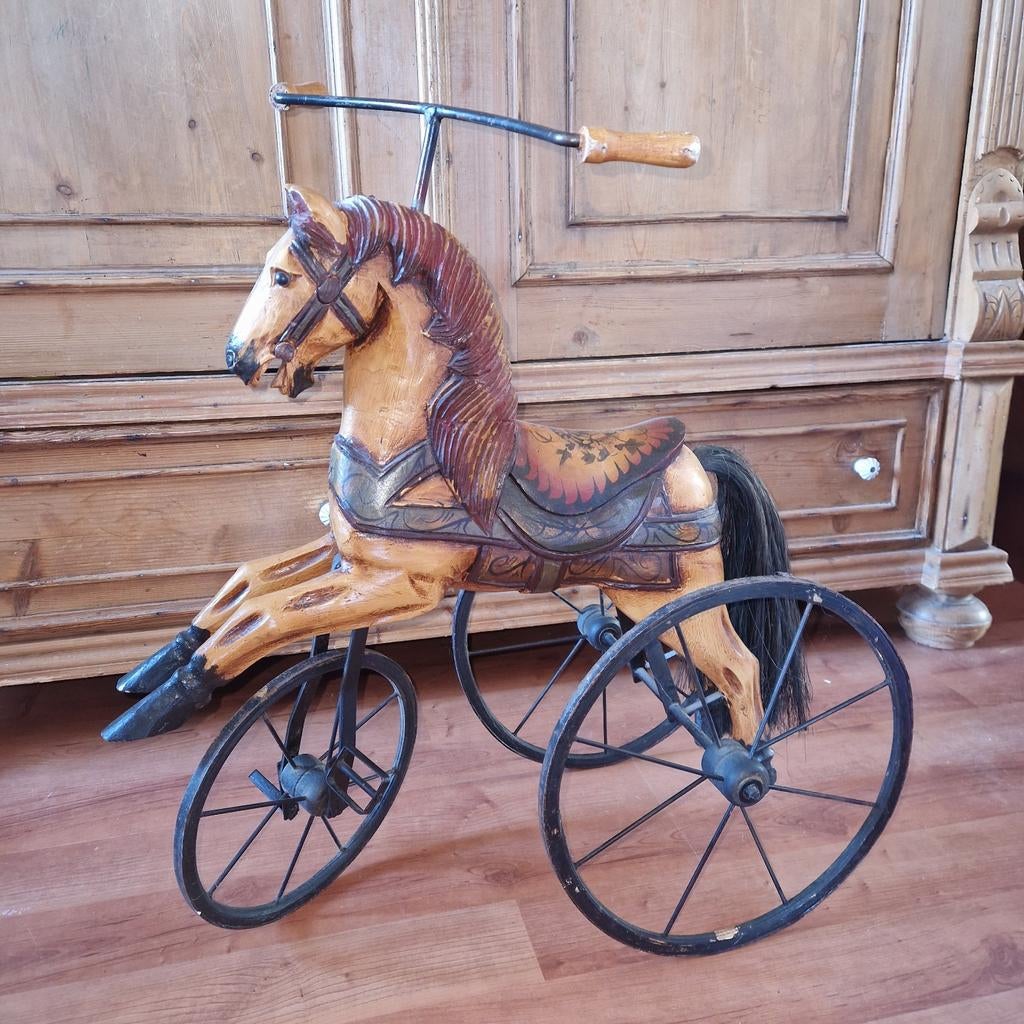 Antieke Houten Paard Driewieler - Decoratief Speelgoed, Ophalen of Verzenden