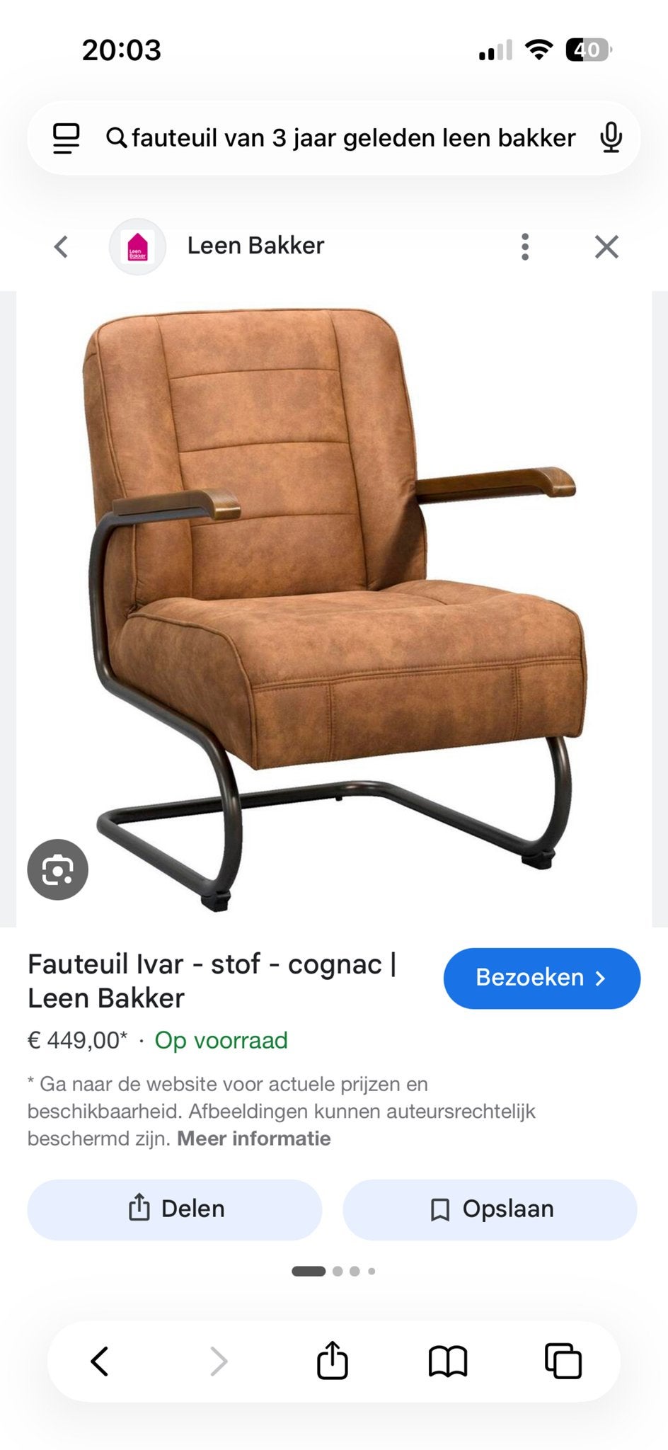 Fauteuil Ivar - cognac stof - Leen Bakker, Huis en Inrichting, Fauteuils, Ophalen, 75 tot 100 cm, Zo goed als nieuw, Stof