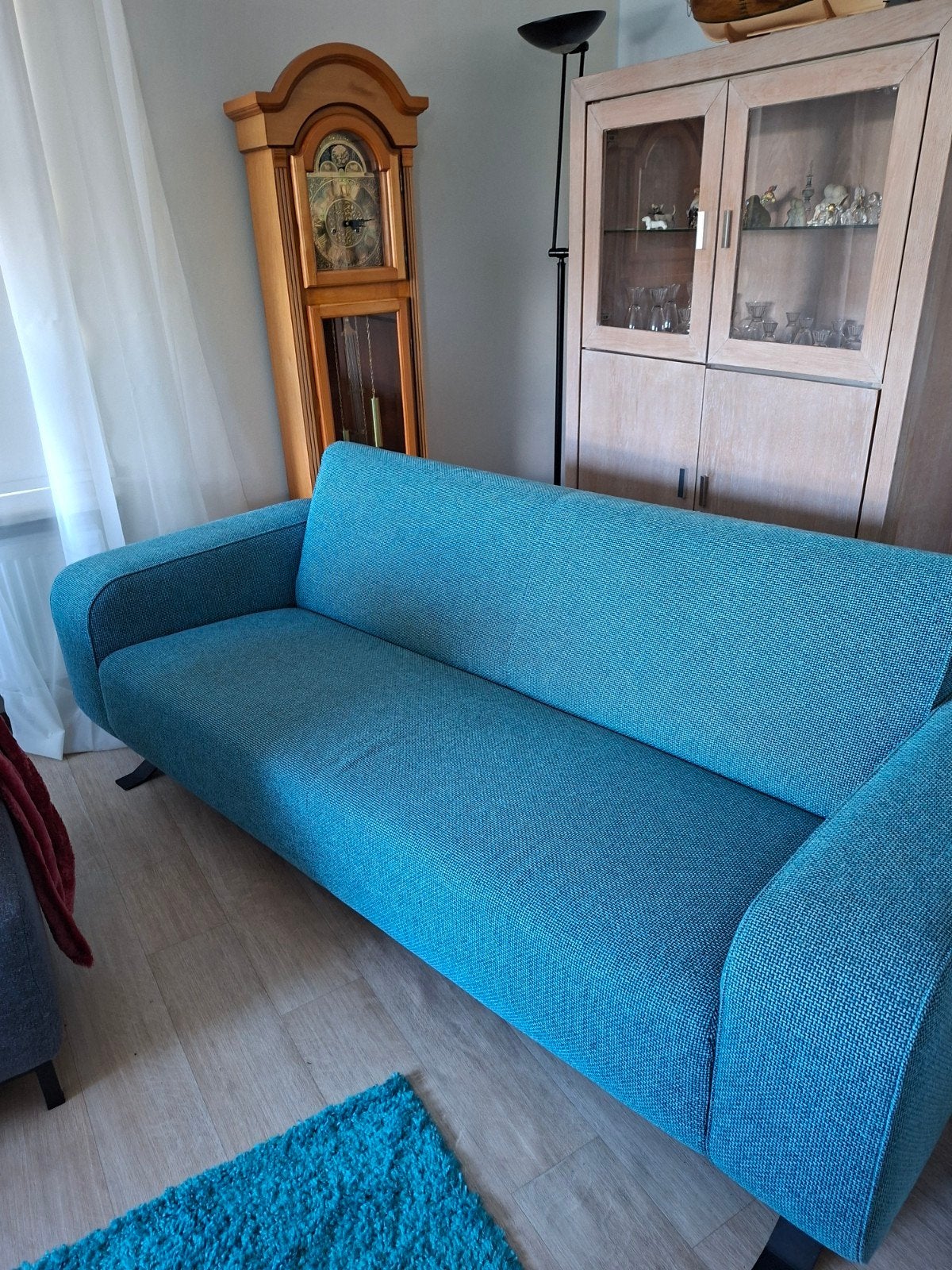 Tweepersoonsbank in turquoise stof, Gebruikt, 150 tot 200 cm, Tweepersoons, 75 tot 100 cm