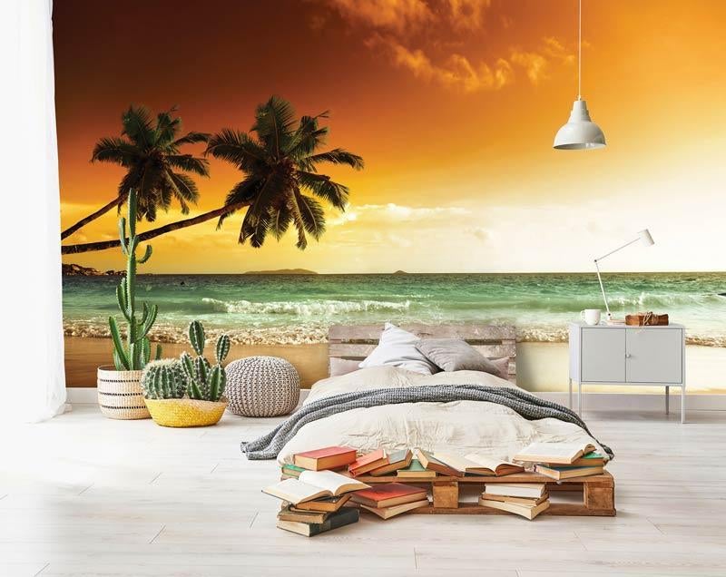 Fotobehang / Behang - Zee - Palmbomen boven het Strand, Verzenden, Oranje, Minder dan 10 m², Info@fotobehangkoning.nl