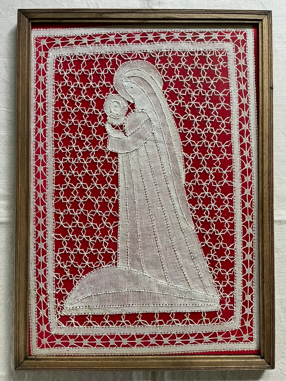 Antieke Madonna + kindje kerst Brugse kloskant 1950s.  🎄, Diversen, Ophalen of Verzenden, Gebruikt