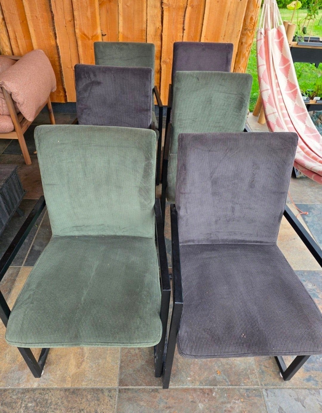 Set van 6 ribfluwelen eetkamerstoelen - groen en grijs, Huis en Inrichting, Stoelen, Ophalen, Overige kleuren, Modern, Industrieel
