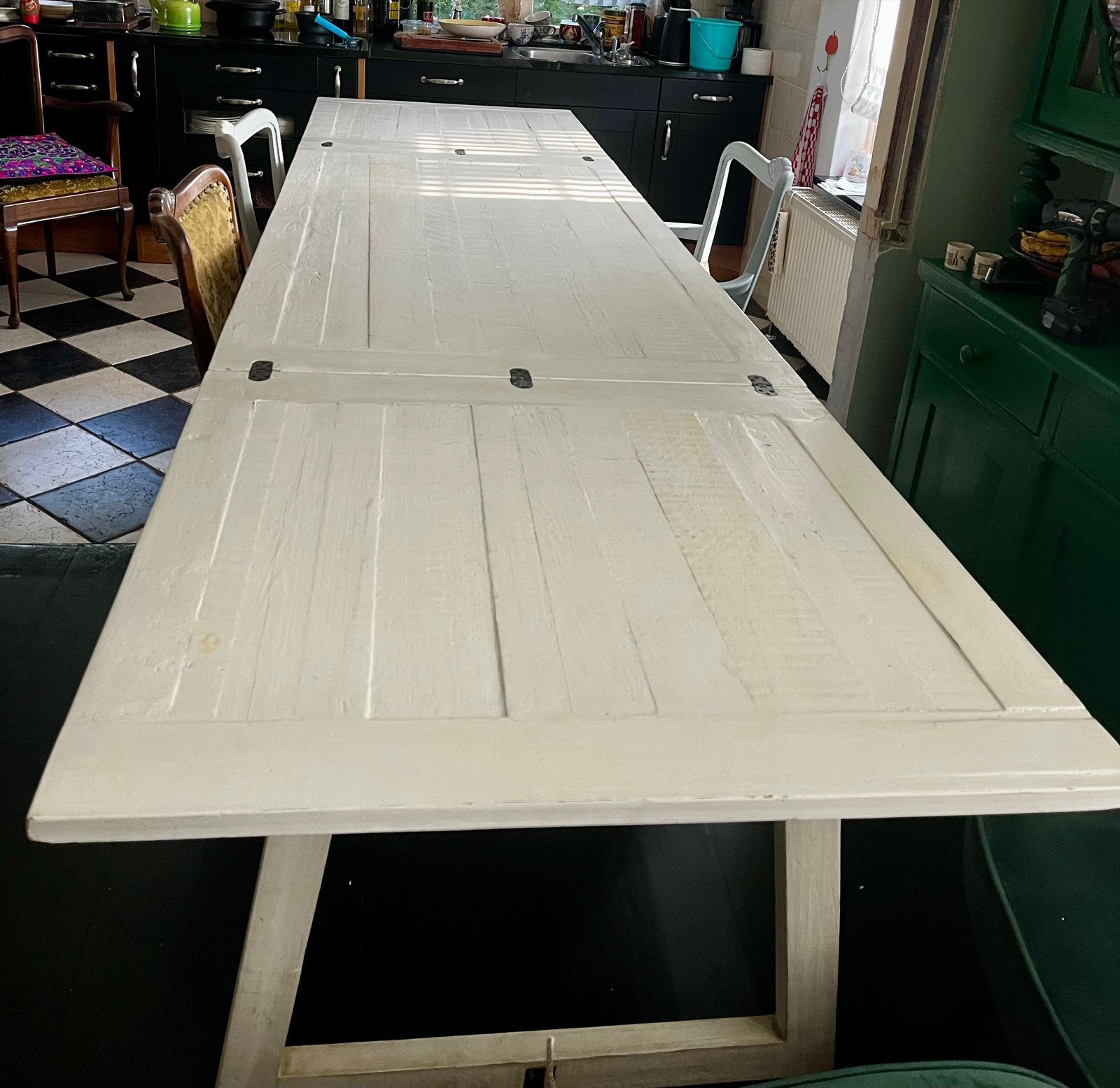 Grote witte eettafel van Riviera Maison, Huis en Inrichting, Tafels | Eettafels, Ophalen, Gebruikt, 200 cm of meer, 50 tot 100 cm