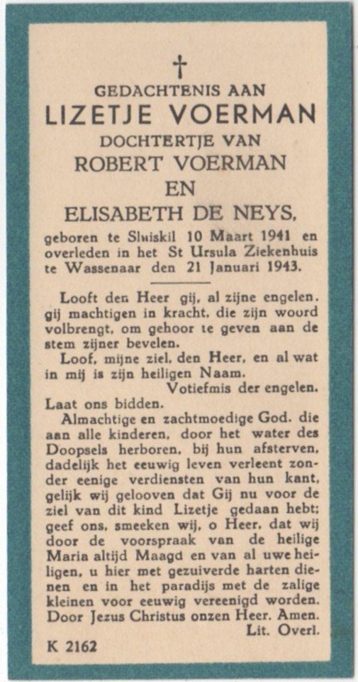 Lizetje Voerman 1941 Sluiskil + 1943 Wassenaar, 22 maanden, Verzenden