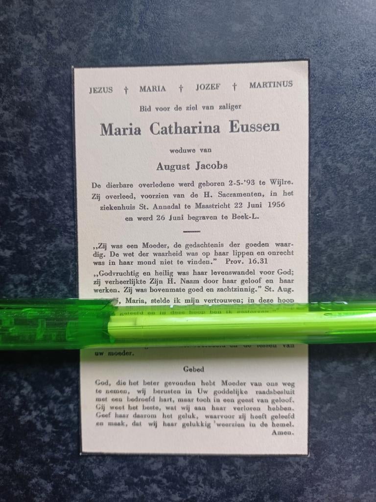Bidprentje Wijlre Maastricht Maria Eussen 1893 1956, Verzamelen, Ophalen, Bidprentje