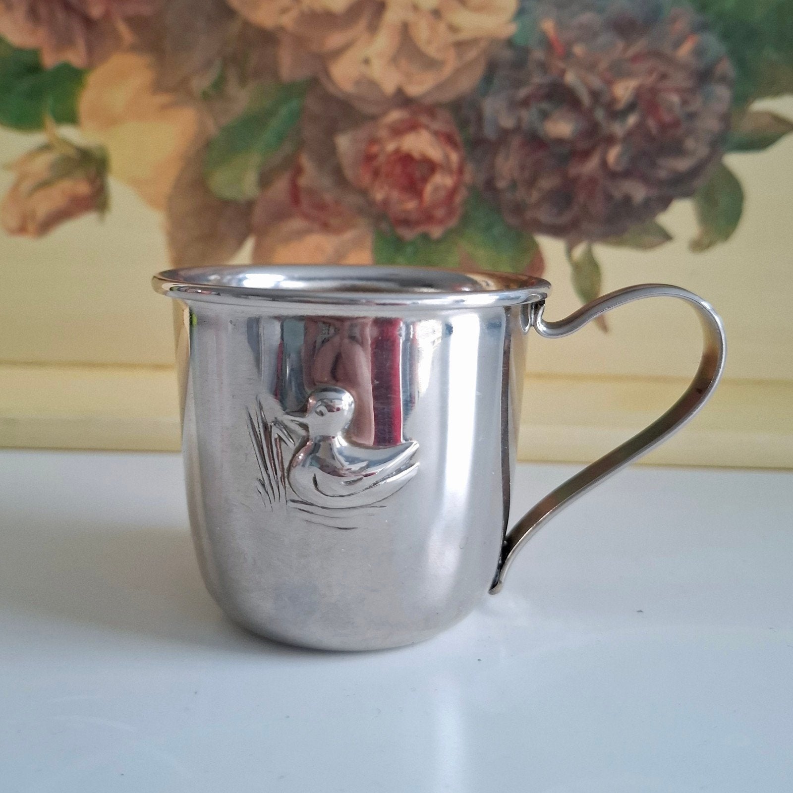 Vintage zilverkleurige kinderbeker met eendje, Ophalen of Verzenden