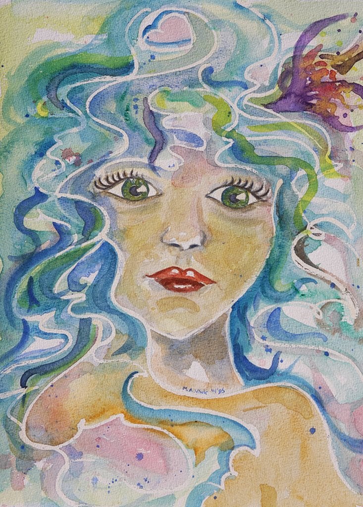 Aquarel Meisjeshoofd met paarse bloem in 't haar groene ogen, Ophalen of Verzenden, Achter glas, Aquarel, Portret