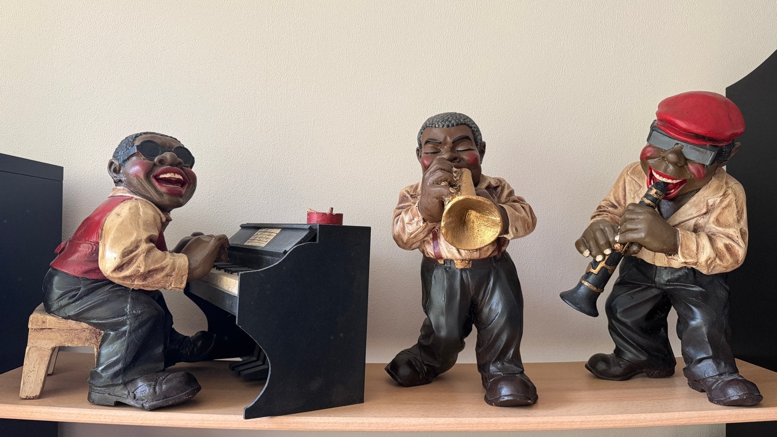Set van 3 Jazzmuzikanten Beelden - Piano, Trompet, Klarinet, Groep mensen, Ophalen of Verzenden, 20 - 50 cm, Beeld