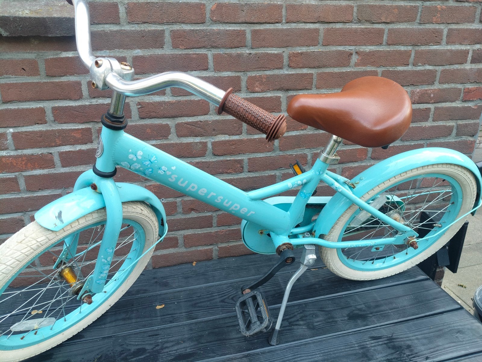 SuperSuper kinderfiets - turquoise met vlinders, Ophalen, Terugtraprem, SuperSuper, 16 tot 20 inch
