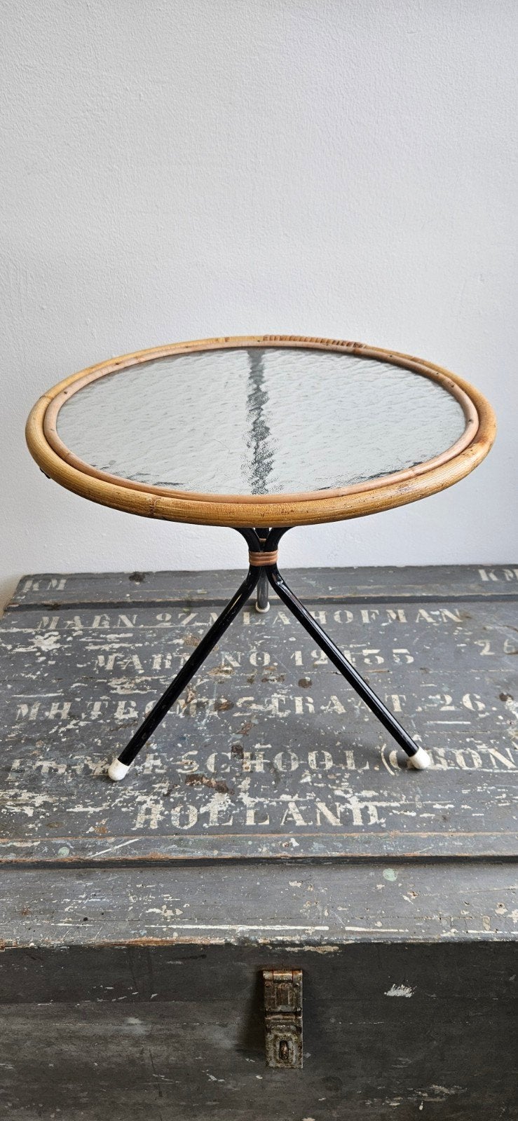 Vintage Rohe Noordwolde bijzettafel – rotan & glas – jaren ', Ophalen, Gebruikt