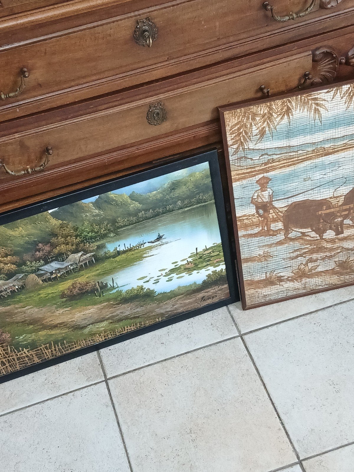 Twee Aziatische schilderijen: Landschap en Ploegende Boeren, Indonesië, Ophalen of Verzenden, Beeld