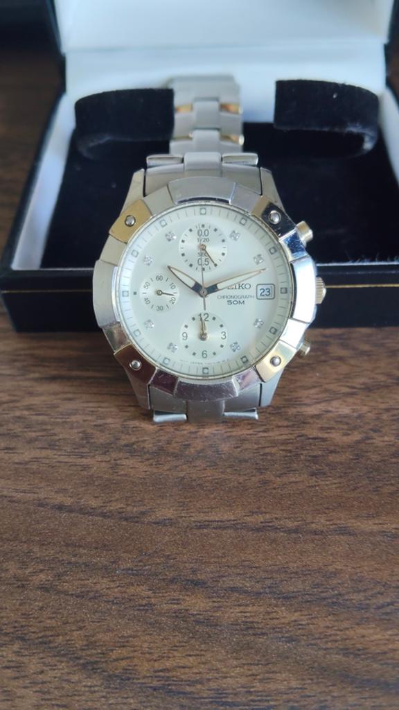 Seiko Dameshorloge chrono bicolor., Ophalen of Verzenden, Zo goed als nieuw, Staal, Seiko