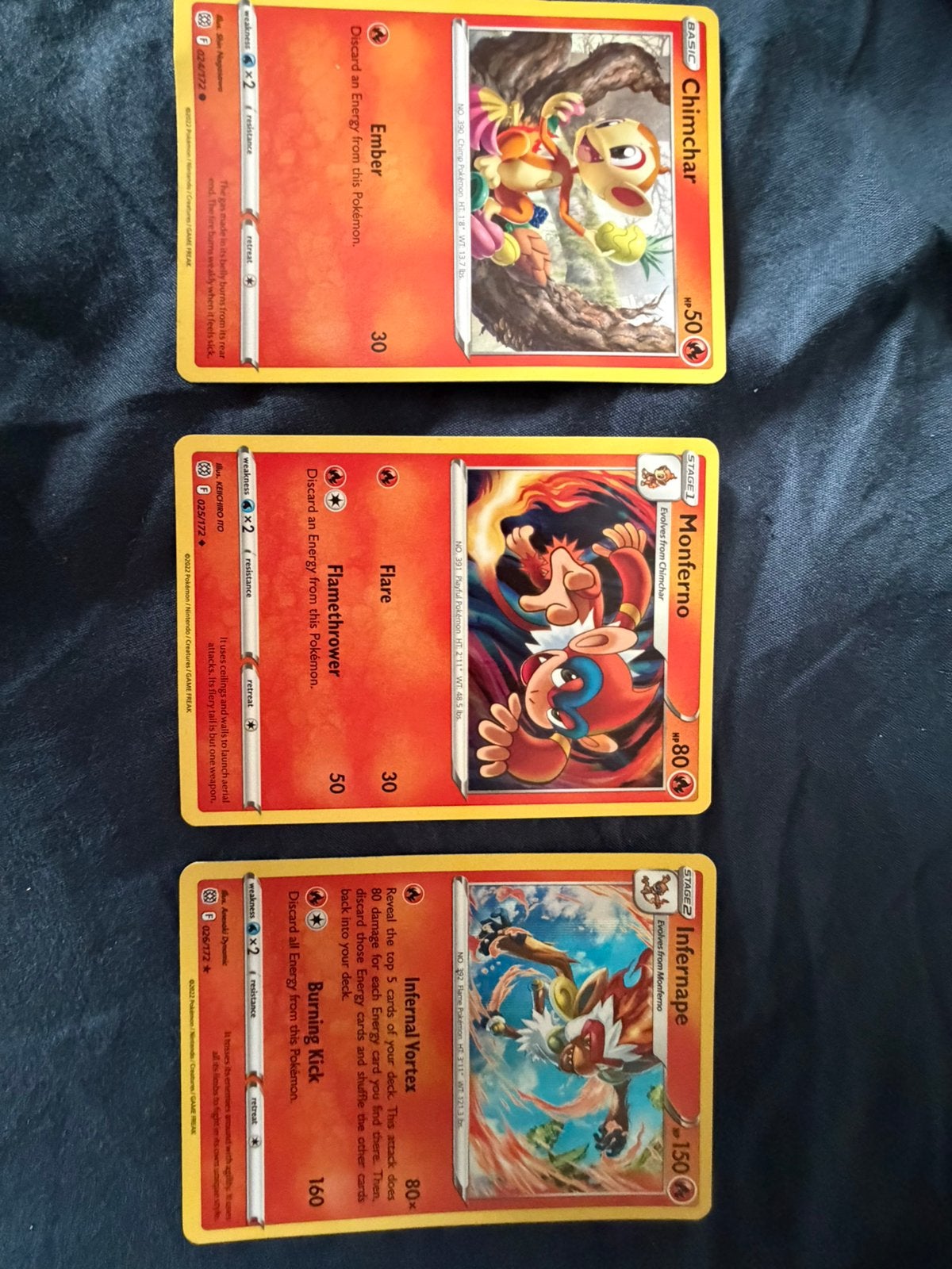 Pokémon Kaarten: Chimchar, Monferno, Infernape Set, Ophalen of Verzenden, Gebruikt, Meerdere kaarten