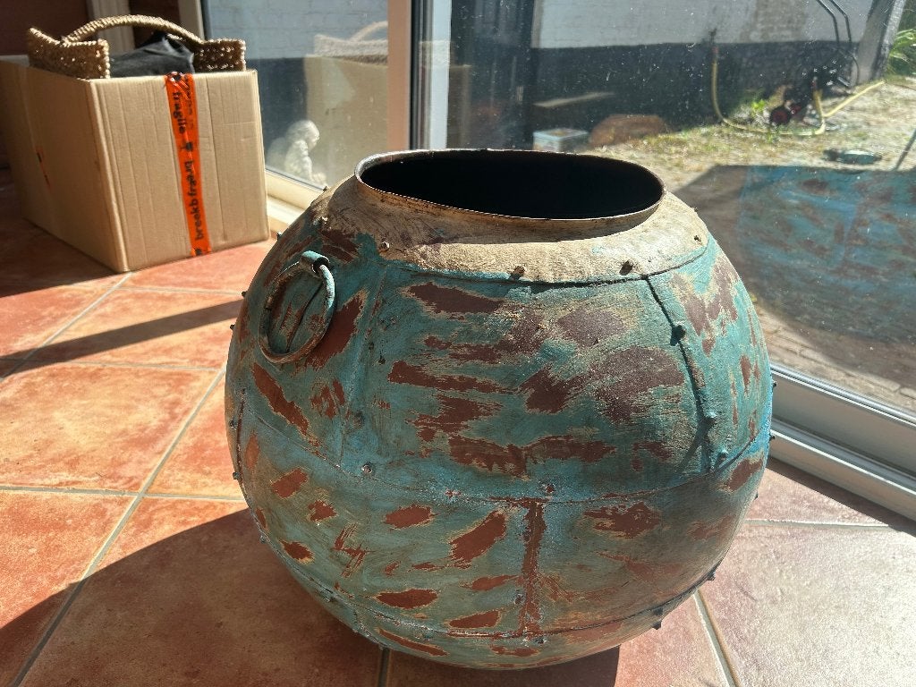 XL Turquoise pot uit India, Ophalen, Handgemaakt, Meerkleurig, Metaal