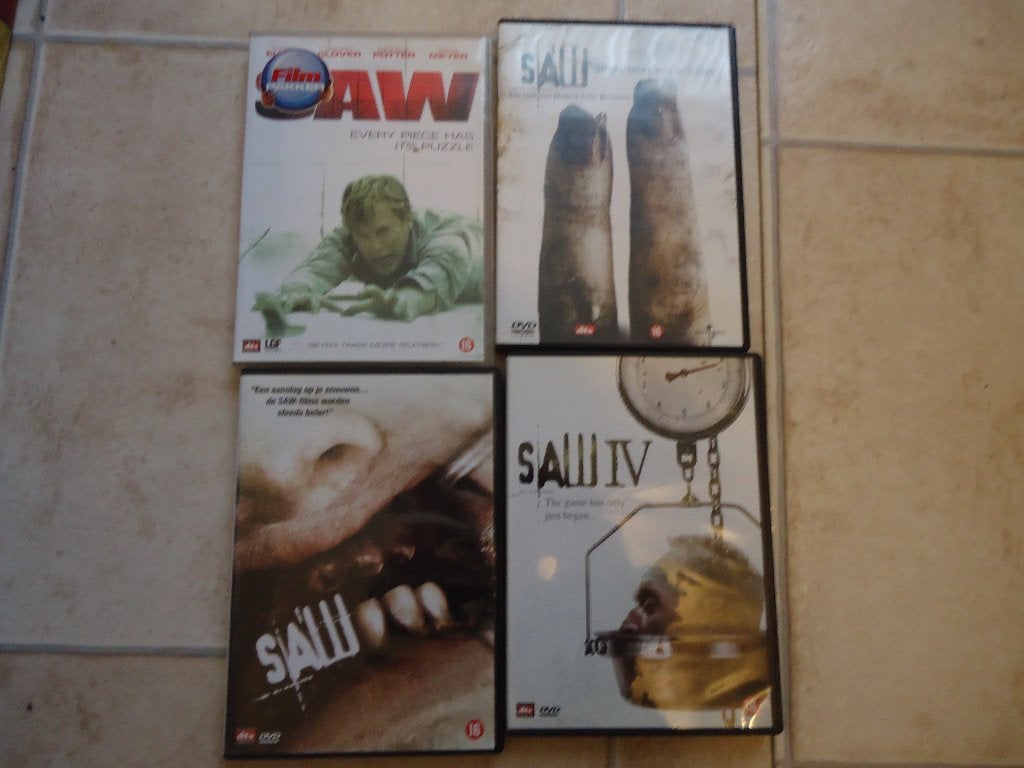 SAW dvd pakket - SAW - SAW II - SAW III - SAW IV - koopje, Vanaf 16 jaar, Ophalen of Verzenden, Gebruikt