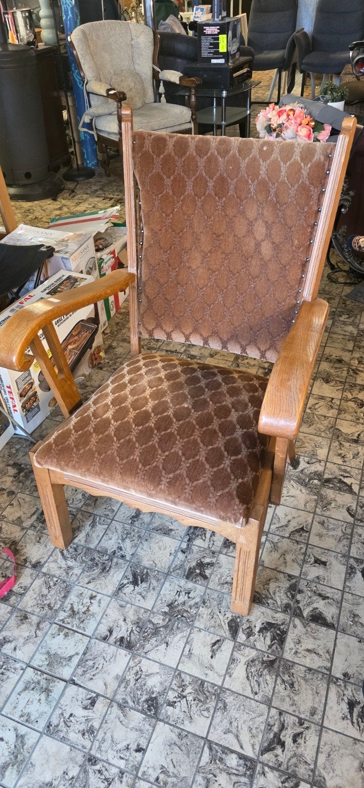Antieke houten stoel met bruine stoffen bekleding, Antiek en Kunst, Ophalen