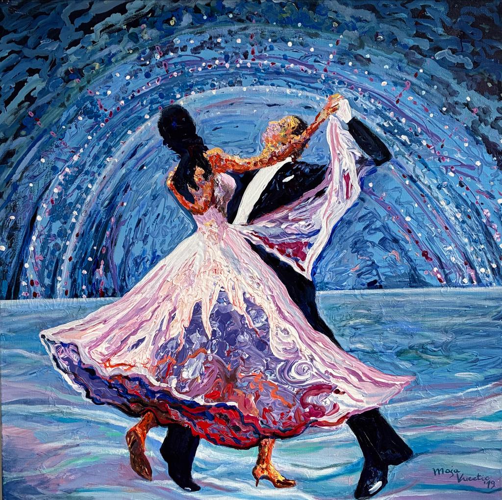 Dansend paar in blauwe werveling, 100x100cm, acryl op canvas, Ophalen of Verzenden