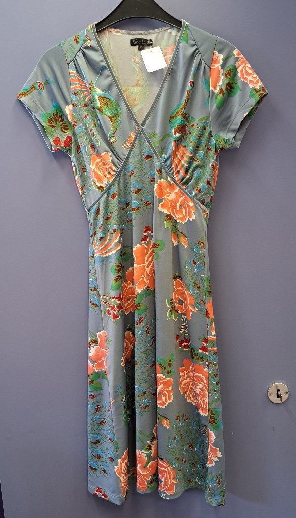 King Louie jurk grijs blauw met pauwen en bloemen mt S 49403