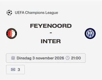 4 Champions leauge tickets feyenoord inter milan, Tickets en Kaartjes, Maart