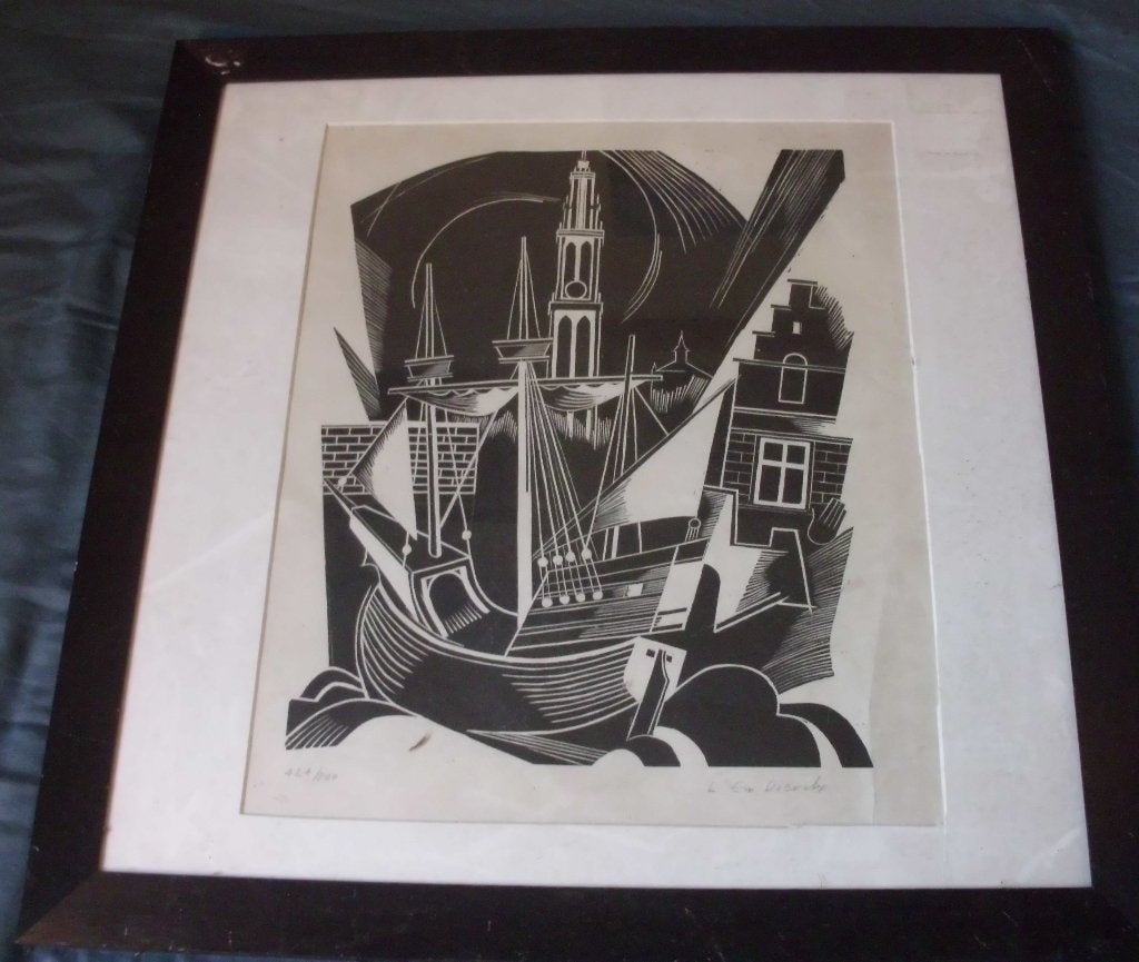 Abstract ets ,, Antiek en Kunst, Gesigneerd, Stadsgezicht, Ophalen of Verzenden, 1950 - 1999