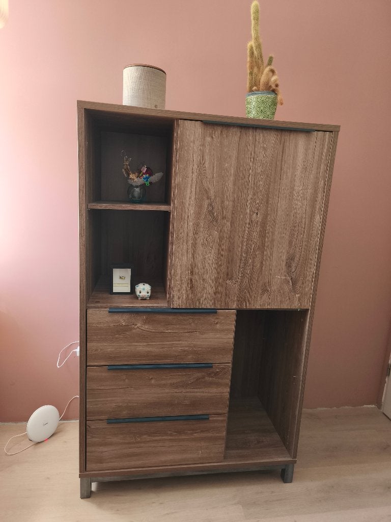 Hoge kast met lade en vakken in houtlook, Ophalen, Gebruikt, Met deur(en), 50 tot 100 cm