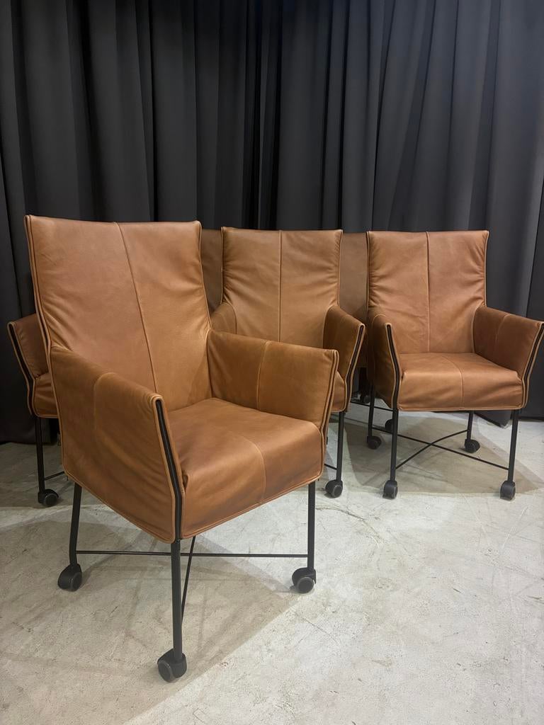 6 Montis Chaplin stoelen nieuw rancho leer zwart frame wiel, Ophalen, Bruin, ., Leer