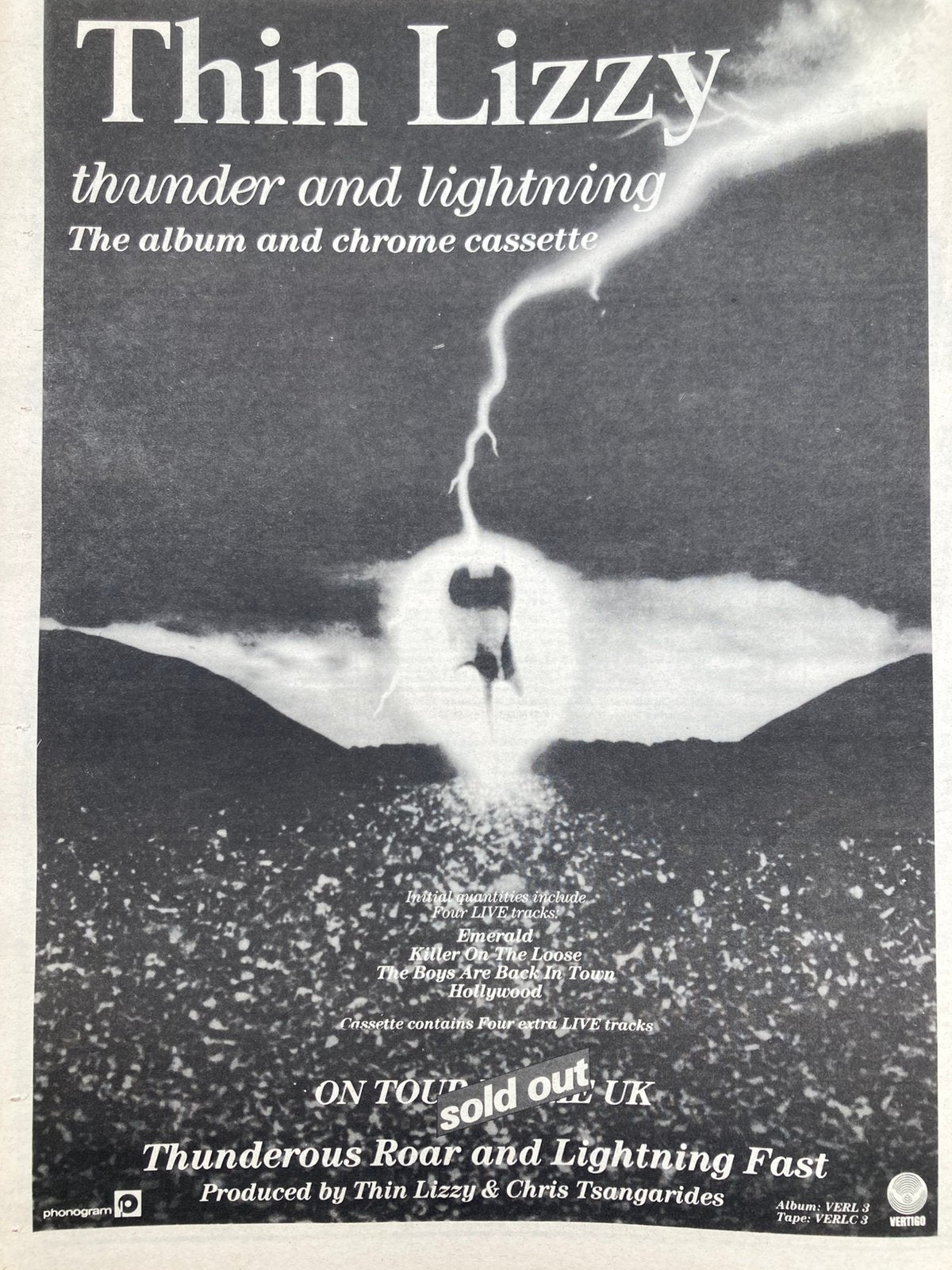 Paginagrote A3 advertentie THIN LIZZY Thunder Lightning tour, Ophalen of Verzenden, Gebruikt
