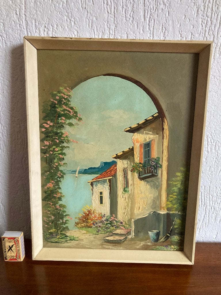 kitsch mediterraans wit huisje aan zomerse blauwe baai meer, Minder dan 50 cm, Gebruikt, Oorspronkelijke maker, Ophalen of Verzenden