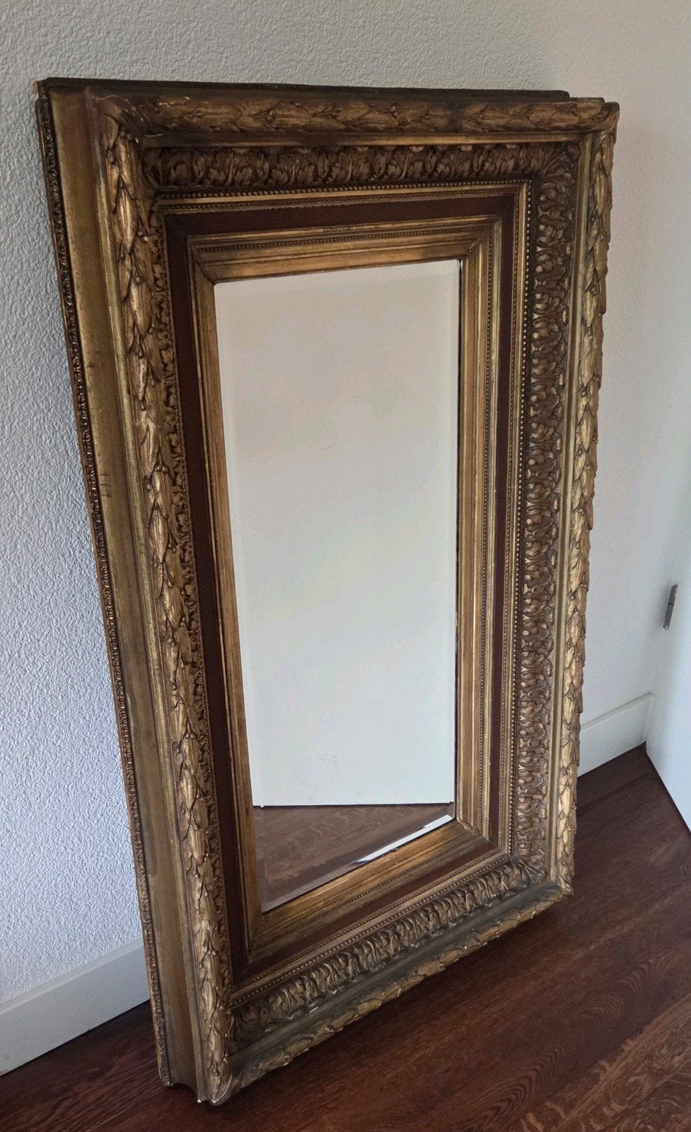 antieke goudkleurige zware empire schouw spiegel facetglas, Ophalen, Glas, Goud