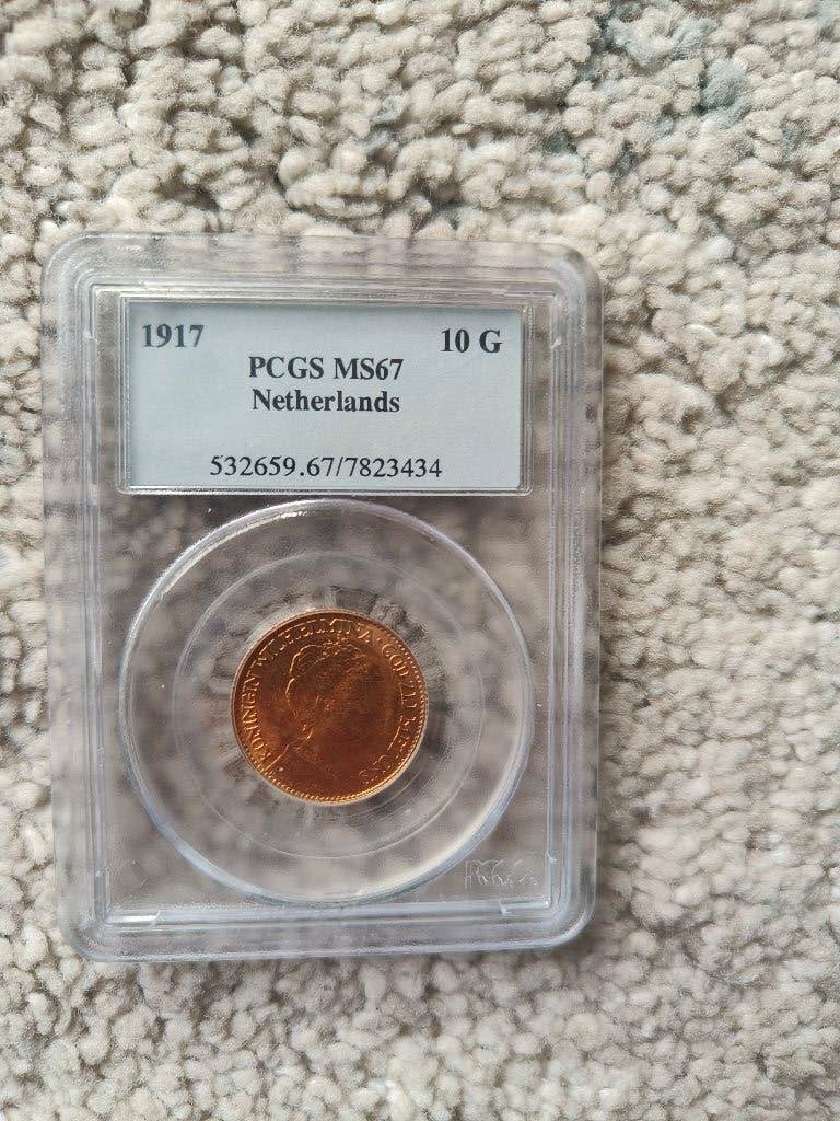 Gouden Tientje 1917 PCGS MS67, Koningin Wilhelmina, Losse munt, 10 gulden, Goud