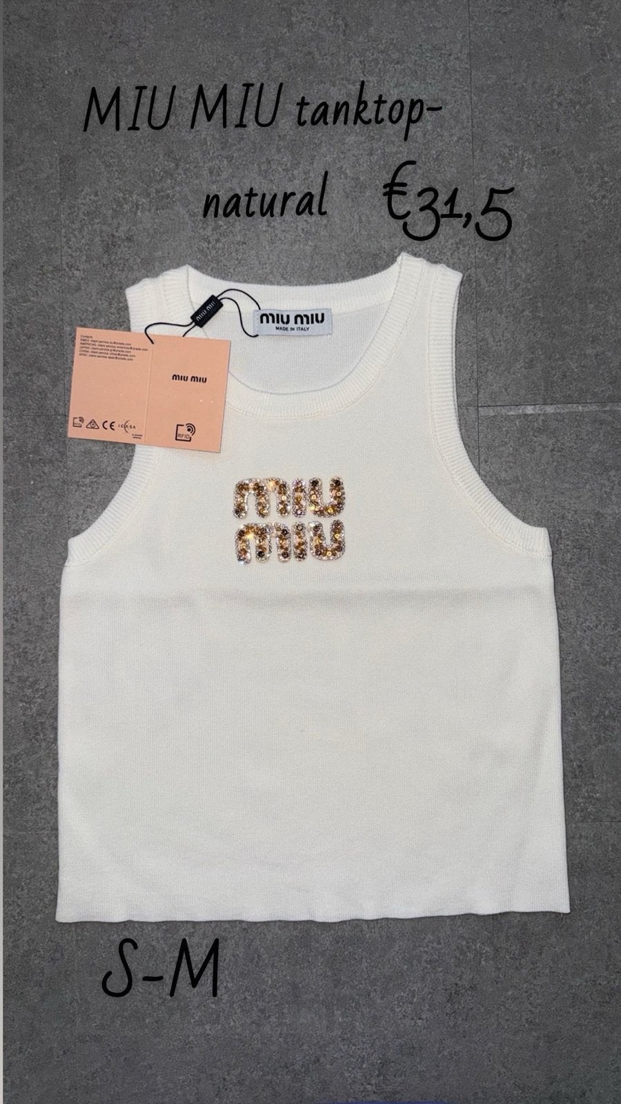 Miu Miu Tanktop Beige met Logo, Wit, Nieuw, Ophalen of Verzenden, Maat 36 (S)