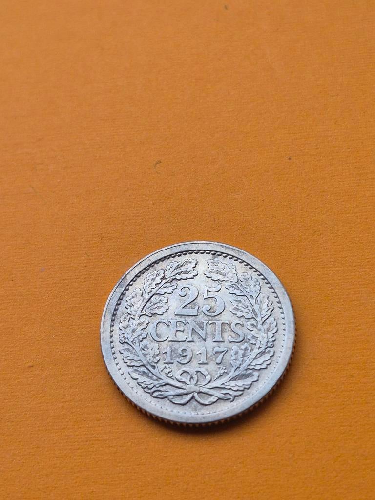 Zilveren Kwartje 1917 Koningin Wilhelmina Mooi, Zilver, 25 cent, Ophalen of Verzenden, Koningin Wilhelmina