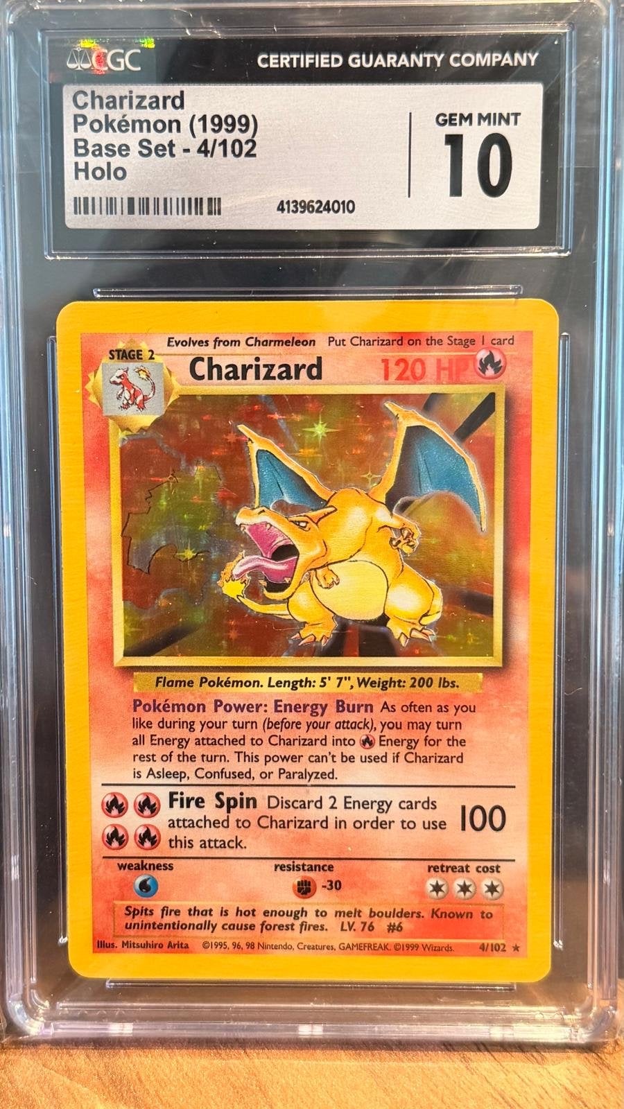 Charizard Pokémon (1999) Base Set - 4/102 Holo GEM MINT 10, Ophalen of Verzenden, Zo goed als nieuw, Losse kaart, Foil