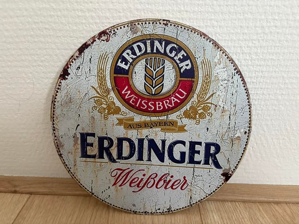 Prachtig rond vintage reclamebord Erdinger (20x20), Ophalen of Verzenden, Zo goed als nieuw