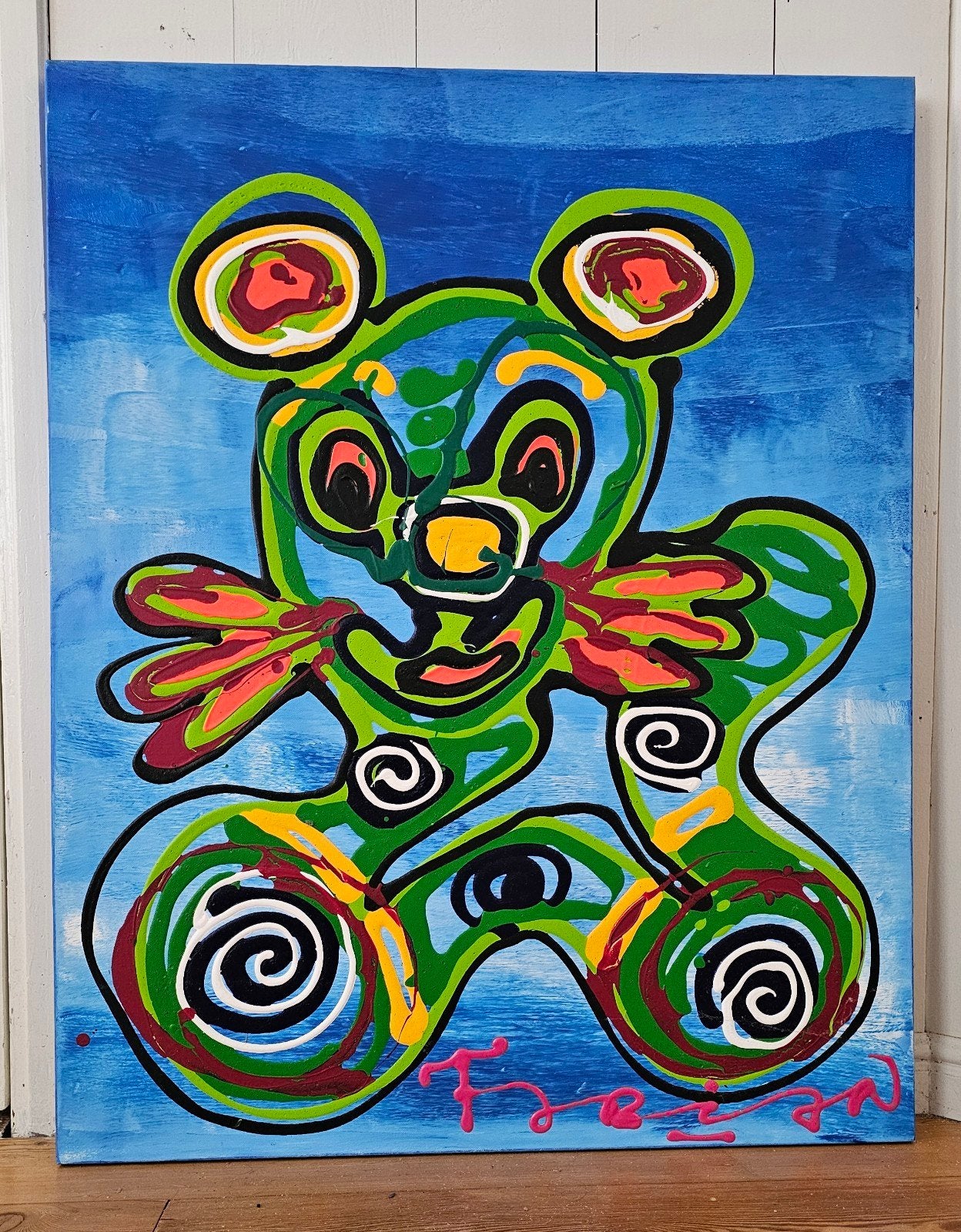 Groot origineel schilderij Fabian - Beeertje Blue, Ophalen, Echtheidscertificaat, Gemengde techniek, Dieren