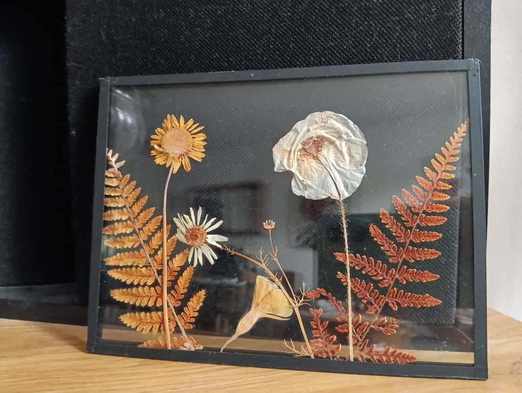 Gedroogde bloemen in mooi , doorzichtig metalen lijstje., Ophalen, 20 cm, Ingelijst werk, Overige kleuren