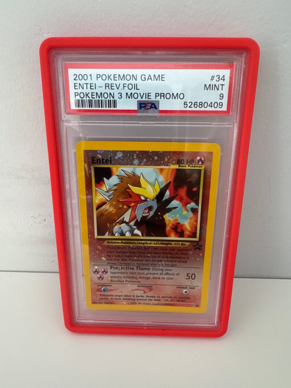 PSA 9 Entei Reverse Foil Pokémon 3 Movie Promo #34, Ophalen, Zo goed als nieuw, Losse kaart, Foil