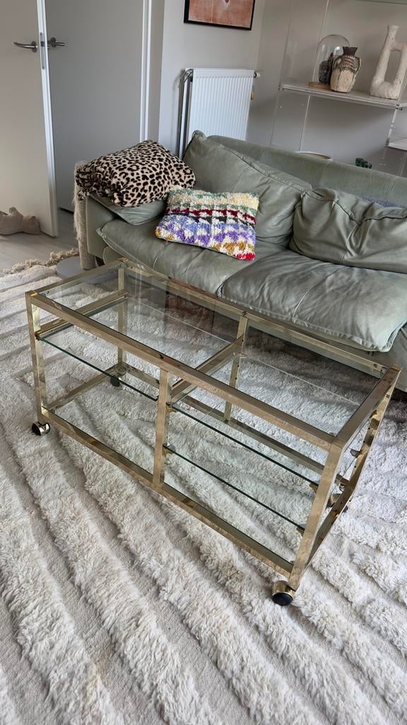 Glazen salontafel/bijzettafel op wielen, Huis en Inrichting, Tafels | Salontafels, Ophalen, Gebruikt, 100 tot 150 cm, 50 tot 75 cm