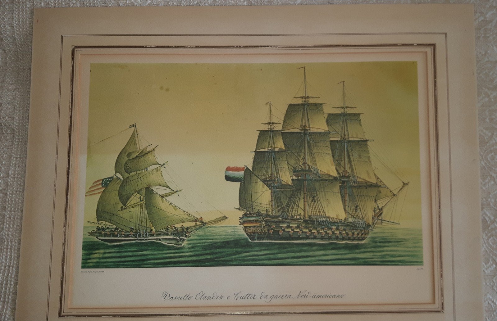 Antieke maritieme print: Nederlands en Amerikaans schip, Ophalen of Verzenden, Print, Prent, Genummerd