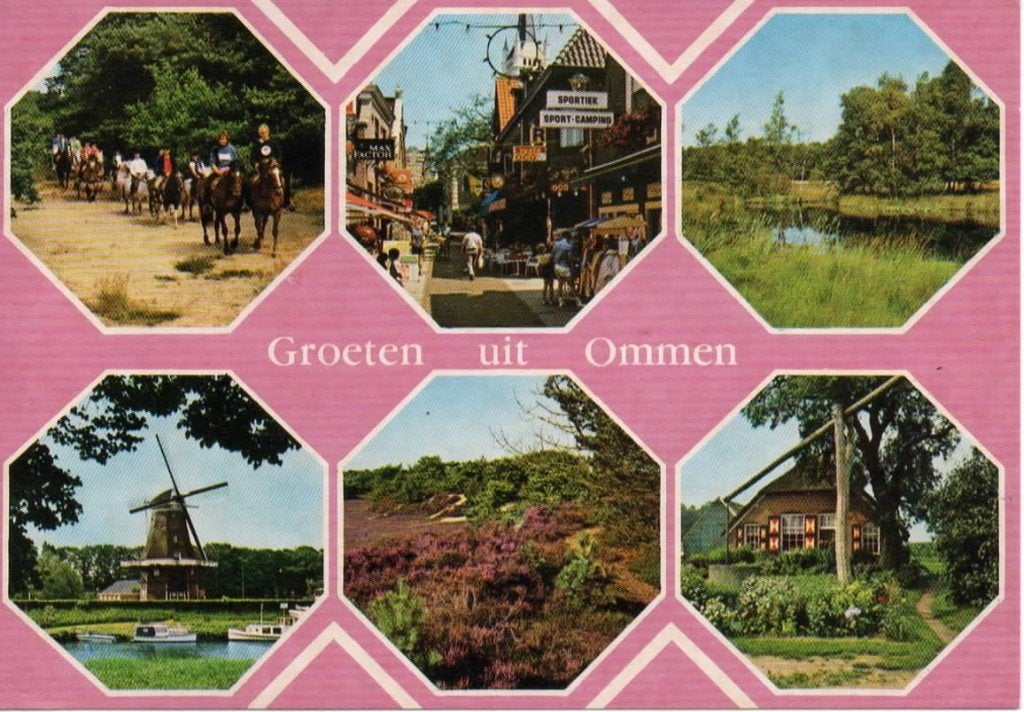 Ansichtkaart Ommen, 6-luik, paarden, molen, heide, winkels, Ophalen of Verzenden, 1980 tot heden, Gelopen, Overijssel